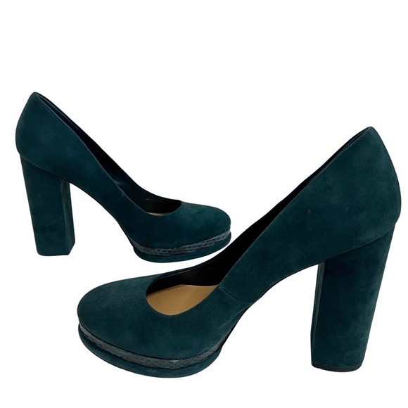 Dolce Vita Veile Suede Block Heels Platform Teal Green Faux Snake Skin Trim 10 - Picture 4 of 17